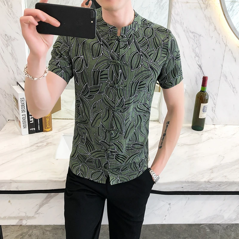 

Fashion Style Chinese Plate Button Short Sleeve Shirt Slim Fit Shirt Camisa Masculina High Quality Designer Casual Shirt Men's