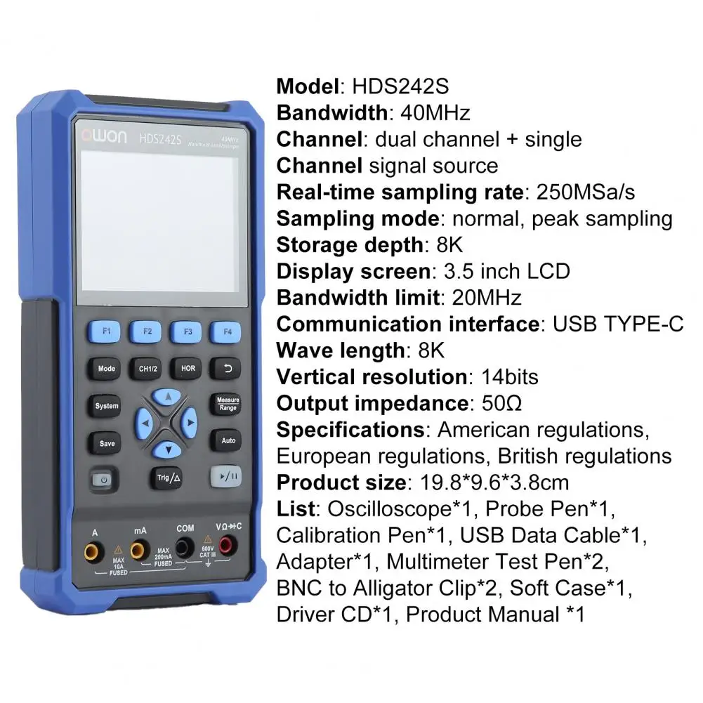 

HDS242S Handheld Multifunctional Portable Oscilloscope Multimeter Oscillometer Signal Source 3-in-1 Detector for Engineering
