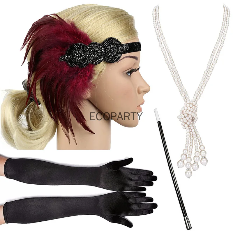 

1920s Great Gatsby Party Costume Accessories Set 20s Flapper Feather Headband Pearl Necklace Gloves Cigarette Holder 4 Pcs Set