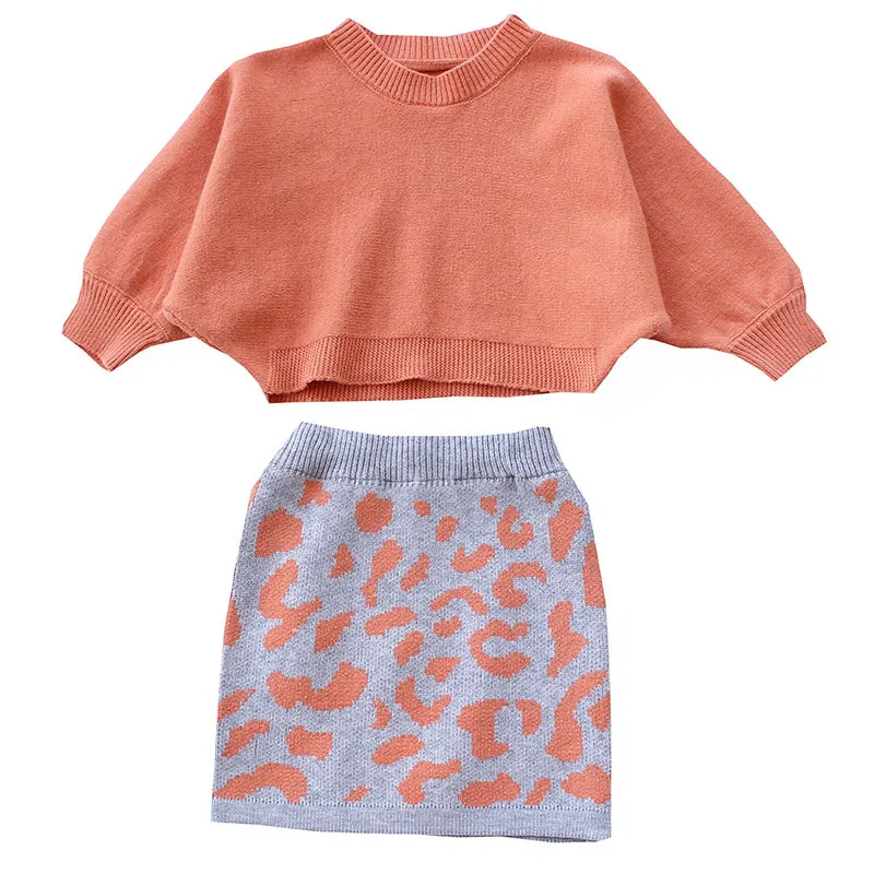 

Kids Girls Clothing Sets Autumn Long Bat Sleeve Sweater+Leopard Knitted Skirt 2pc Fashion Girls Party Set 2-10Yrs Girls Clothes