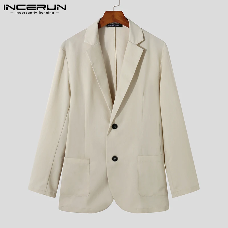 

2021 Fashion Men Blazer Solid Color Lapel Streetwear Long Sleeve Casual Elegant Suits Button Autumn Pockets Mens Coats INCERUN