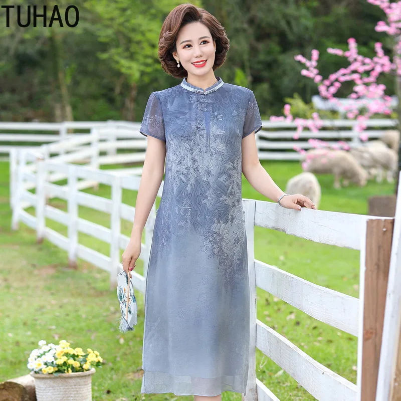 

Винтажное шифоновое платье TUHAO 2021 Sumemr Mother Mom, женские повседневные Ретро платья с коротким рукавом и принтом для женщин, большие размеры 4XL 3XL