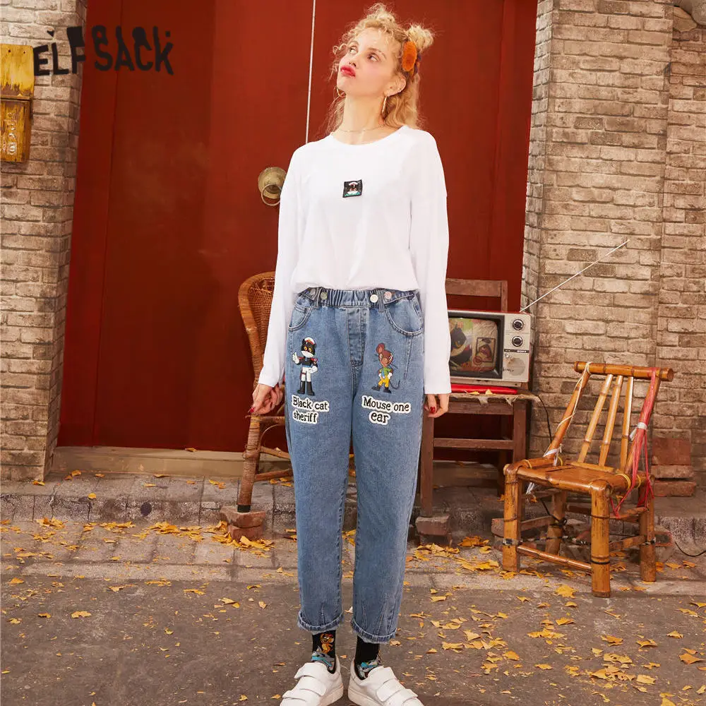 Женские прямые джинсы ELFSACK синие однотонные потертые повседневные с мультяшным