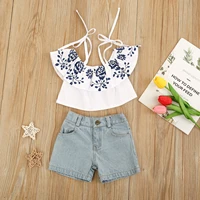 fashion toddler baby girl clothes ruffle off shoulder t shirt top and jeans short sets kids girl 2pcs summer outfits 2 7 years