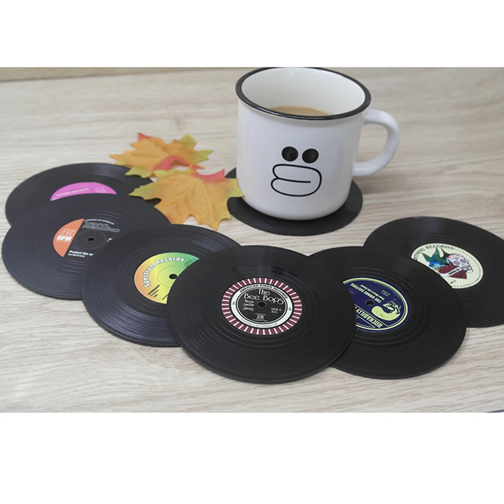 

Fashion Vinyl Silicone Record Retro CD -Design Drink Coasters Cup Mats 6pcs Anti-Slip Heat Insulation Kitchen Tool Random Color