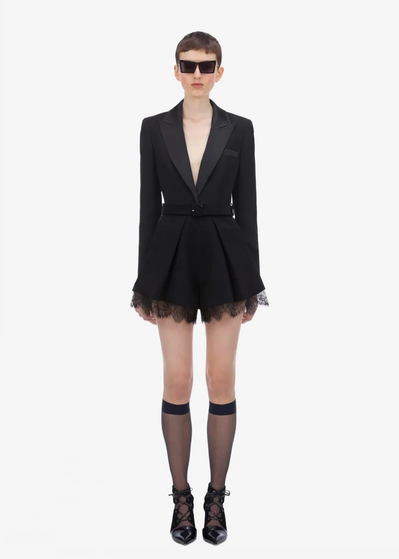 

Black Blazer Rompers Mujer 2022 Short Jumpsuits Autumn V-Neck Patchwork Lace Long Sleeve With Belt Office high quality Jumpsuits