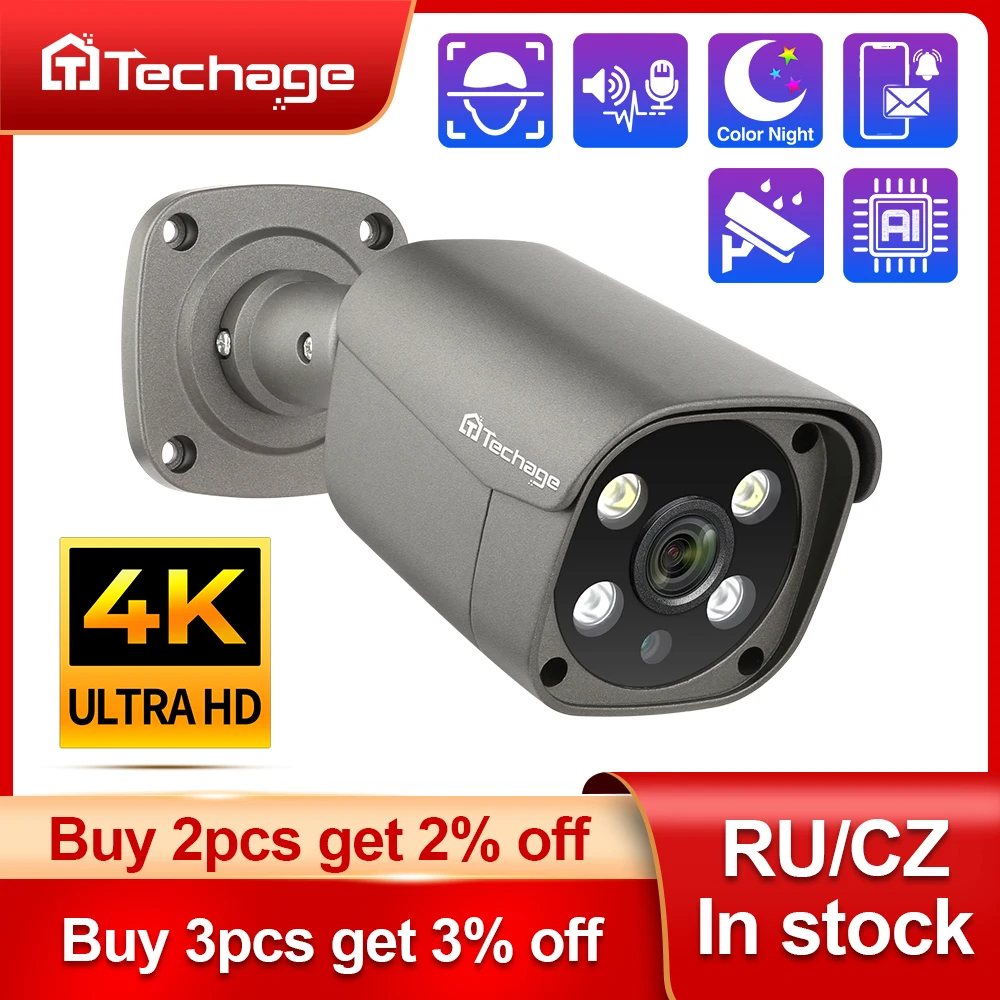 Уличная камера Techage H.265 Ultra HD 4K POE 8 Мп IP-камера с распознаванием лица цветным ночным