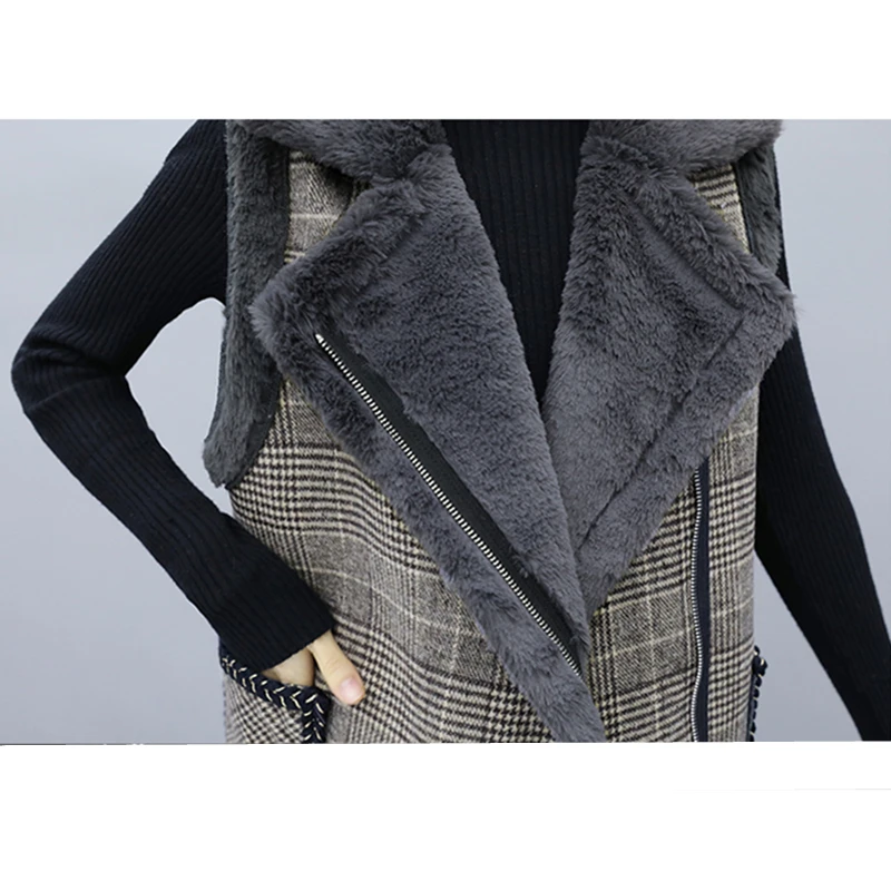 Осень Зима Новый клетчатый длинный шерстяной жилет для женщин плюс бархатный