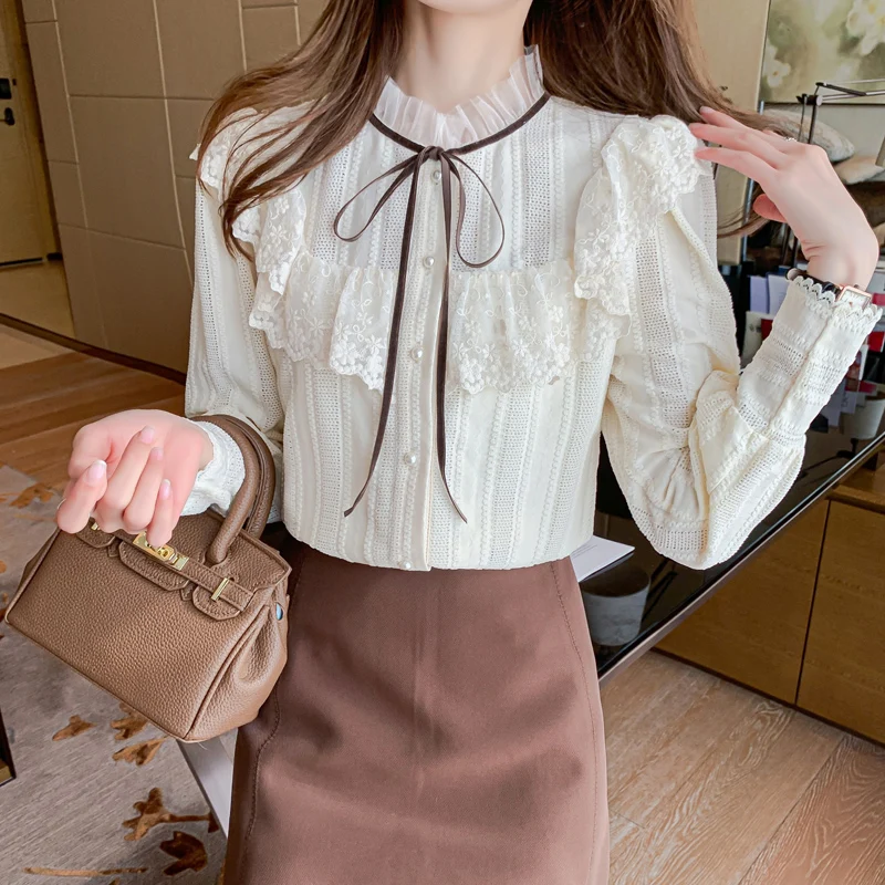 

New stand collar lace up long sleeve lace shirt in early autumn of 2021 womens tops and blouses lantern Sleeve