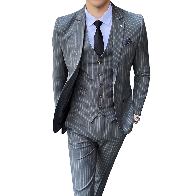 

( Jacket + Vest + Pants ) Prom Suits Groom Tuxedos Latest Designs Mens Wedding Suits 3Pces Set Striped Stage Performance Banquet