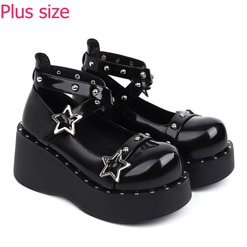 

2021 Autumn News Women Single Shoes Gothic Rivets Rhinestone Cosplay Female Pumps Black Lolita Mary Janes Wedges Demonia Shoes