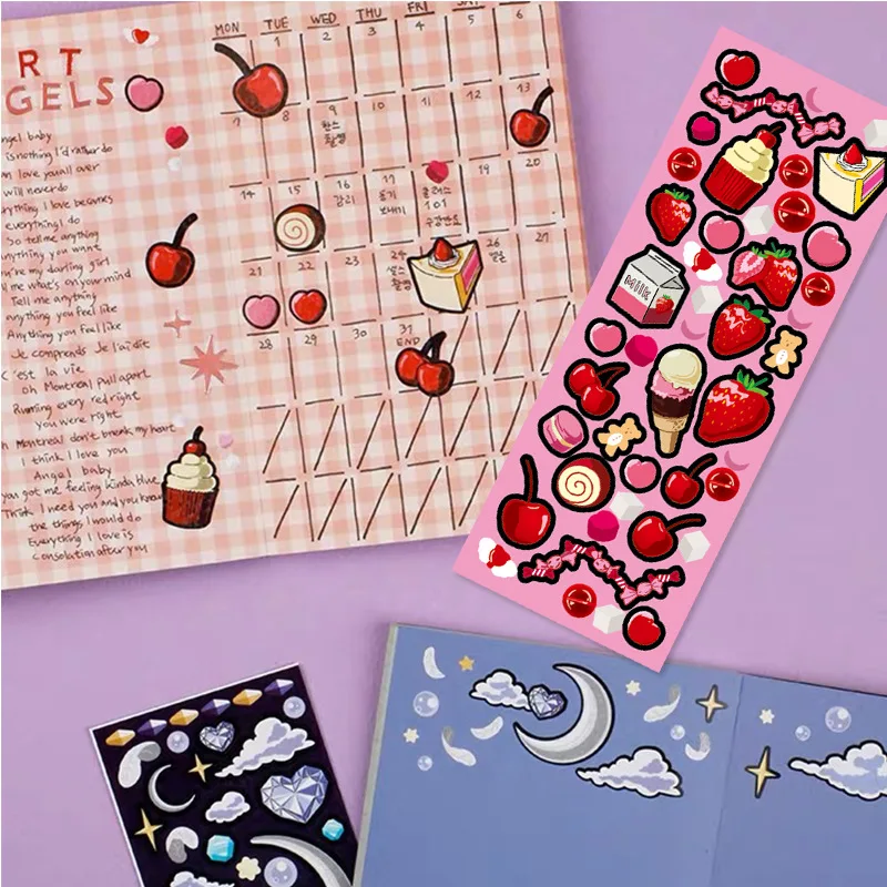Pegatinas de lazo para regalo, calcoman&iacute;as decorativas de fresa, postre, Luna y rosa-2