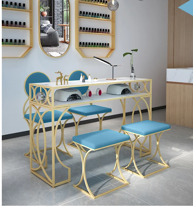 

Nordic manicure table and chair set net red marble manicure table iron art single double three person economic
