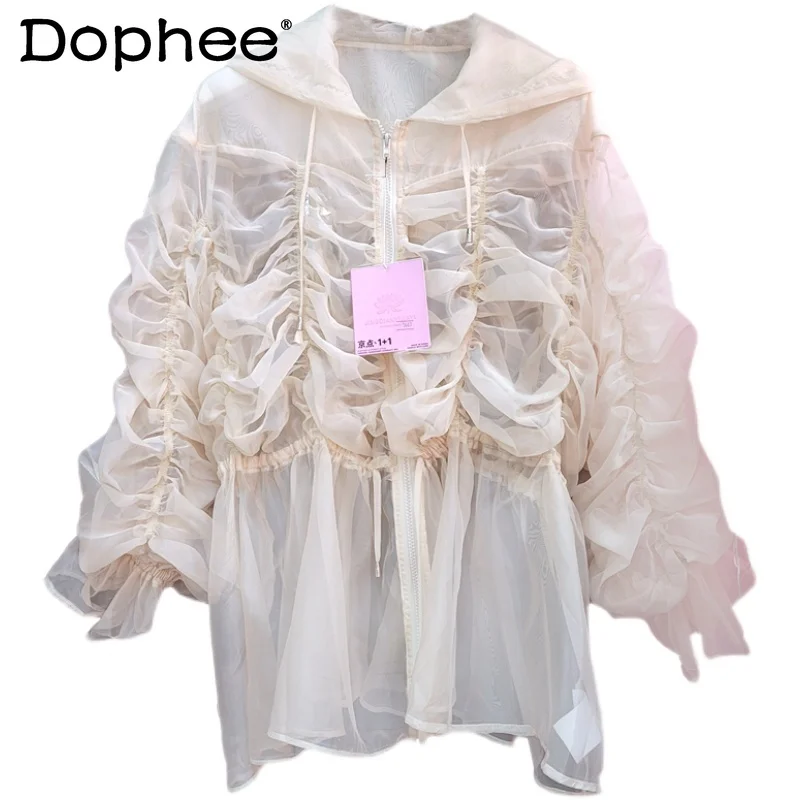 

21 Spring and Summer New Fashion Mesh Coat Pleated Drawstring Waist Slimming Jacket Perspective Hooded Zipper Coat for Women