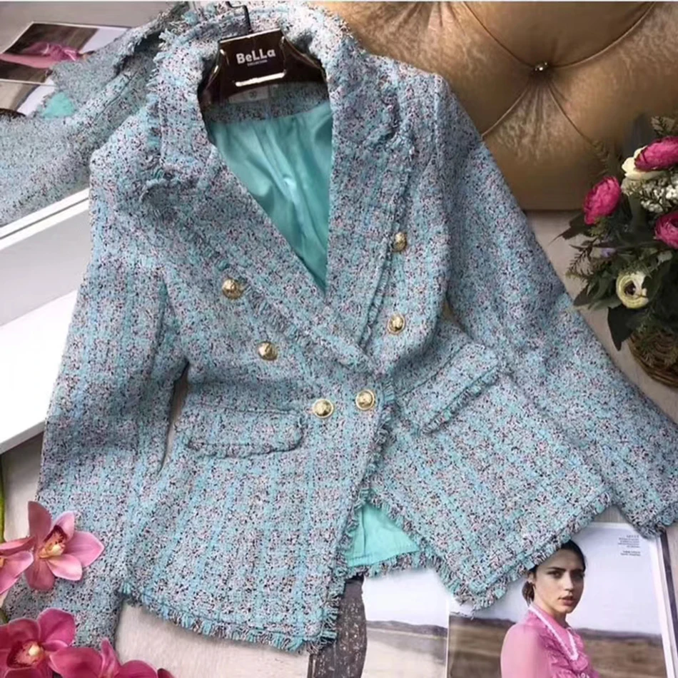 Модное клетчатое Женское пальто с длинным рукавом двубортное облегающее