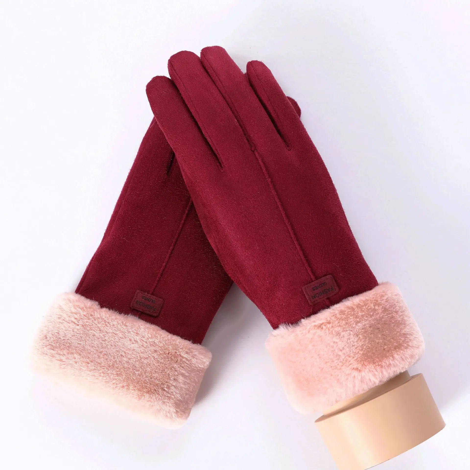 081C-T-Wine red Sparsil женские замшевые перчатки с сенсорным экраном, зимние двухслойные меховые варежки, теплые модные перчатки с вышивкой в виде снежинки для улицы - Цвет: 081C-T-Wine red