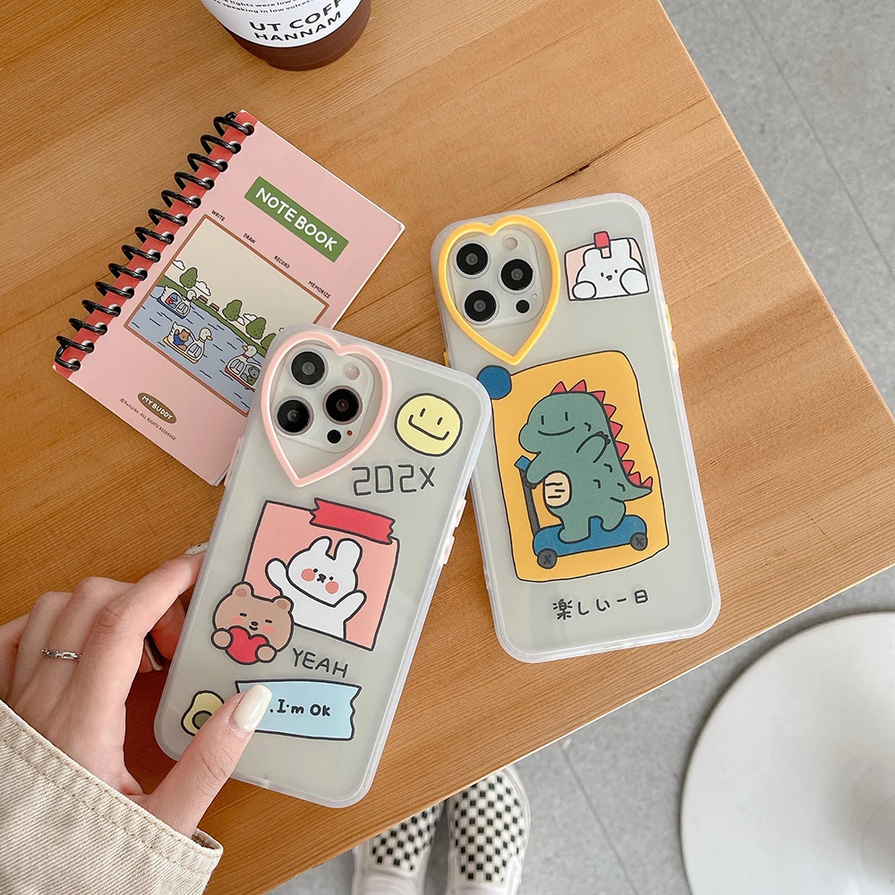 

KQCCY Love Heart Dinosaur Silicone Phone Case Funda for Iphone 11 12 Pro Max Mini XR XS X 7 8 Plus Case Back Cover Soft TPU
