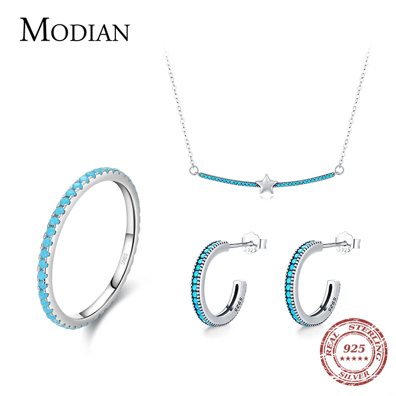 

Modian Real 925 Sterling Silver Trendy Natural Turquoise Jewelry Set Simple Ring Vintage Necklace For Women Earrings Jewelry