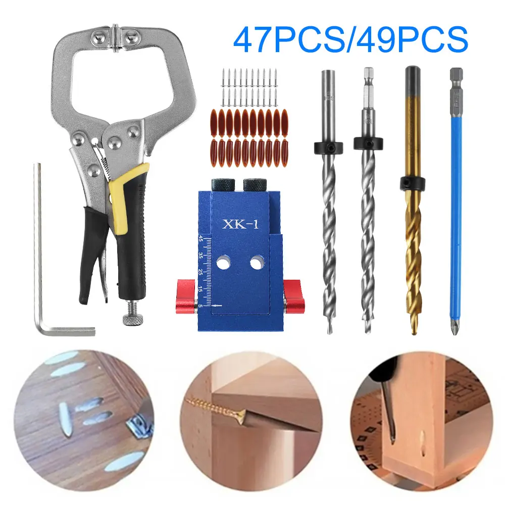 

Woodworking Oblique Pocket Hole Jig Kit 15 Degree Angle Drill Guide Set System for Joinery Step Drill Bit Accessories DIY Tools
