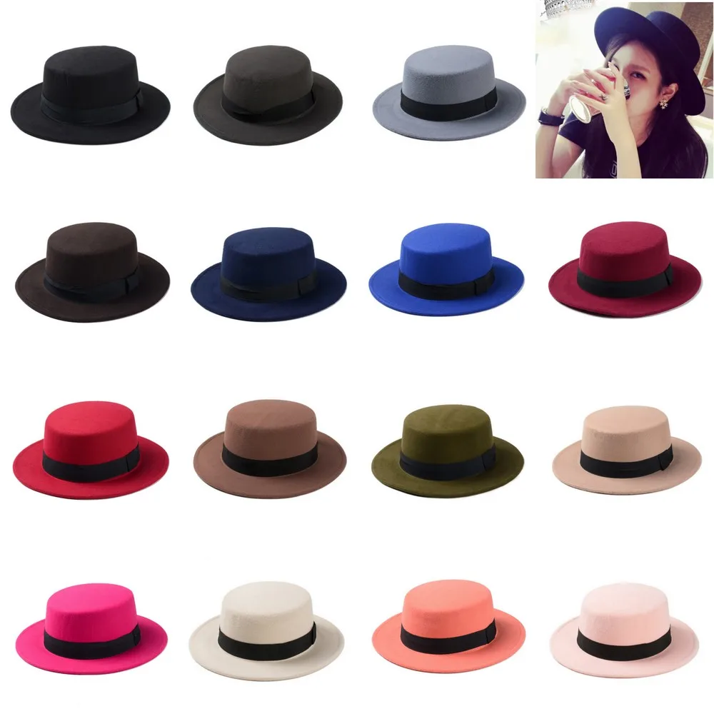 

New Fashion Wool Pork Pie Boater Flat Top Hat For Women's Men's Felt Wide Brim Fedora Gambler Hat