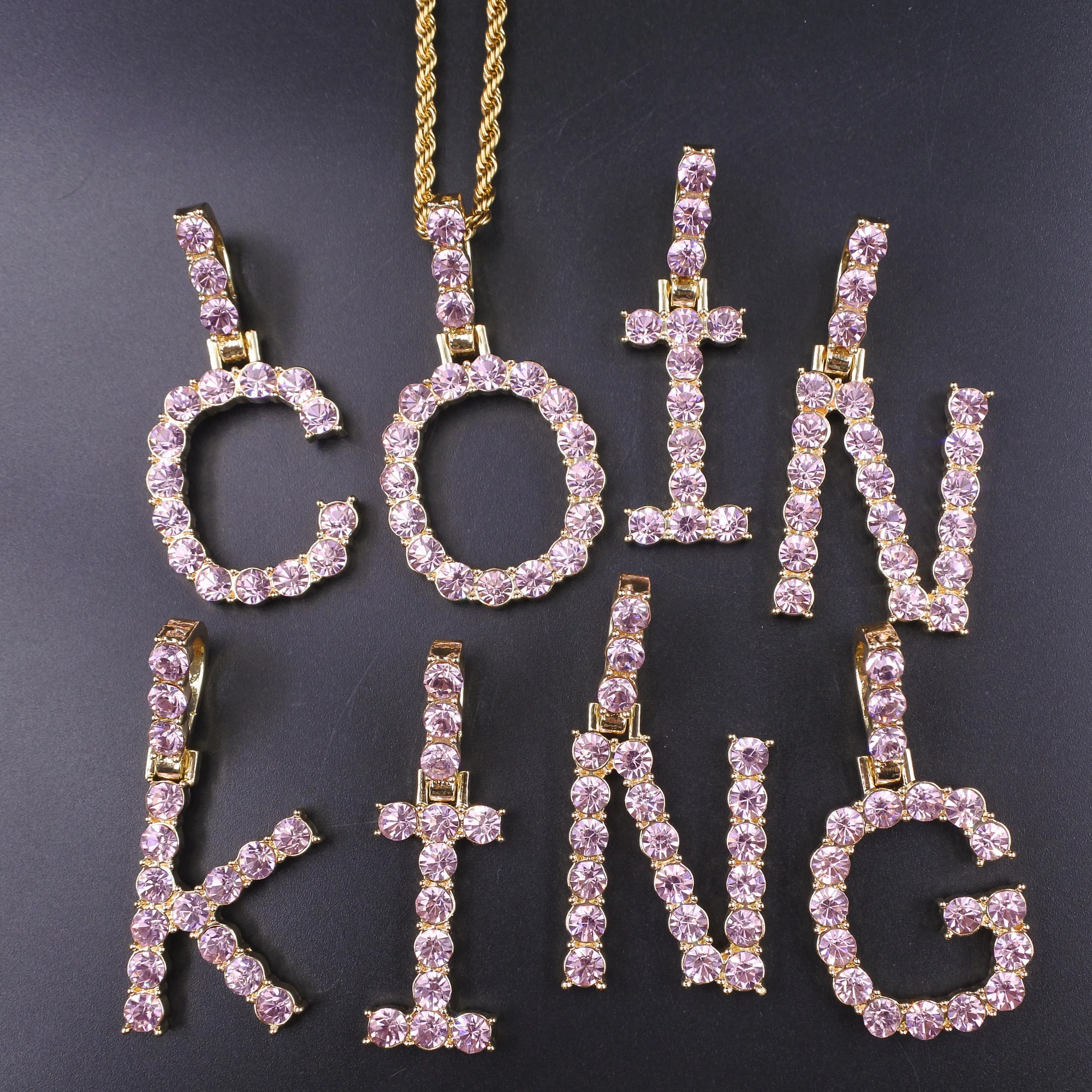 

Pink color crystal stone bubble initials letters charm pendant rose gold rope chain hip hop men women necklace rap rock jewelry