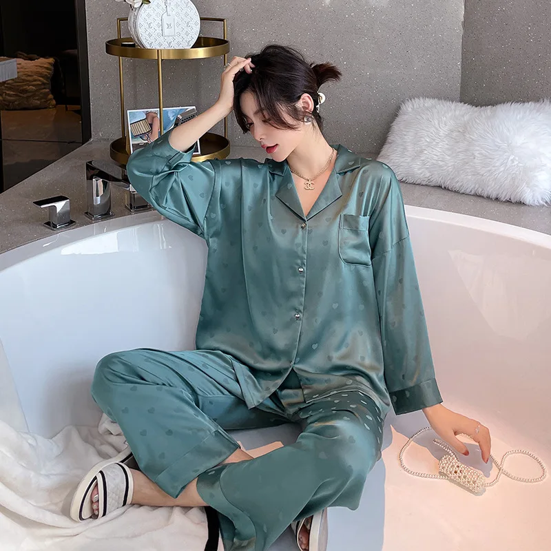 

Lapel Lady 2PCS Pajamas Set 2021 New Sleepwear Polka Dot Shirt&Pants Nightwear Loose Pijamas Suit Nightgown Rayon Home Clothing