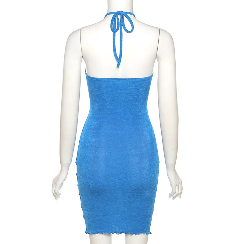 

Cryptographic Halter Sexy Backless Cut Out Women Mini Dress Sleeveless Elegant Summer Drawstring Ruched Dresses Slim Club Party