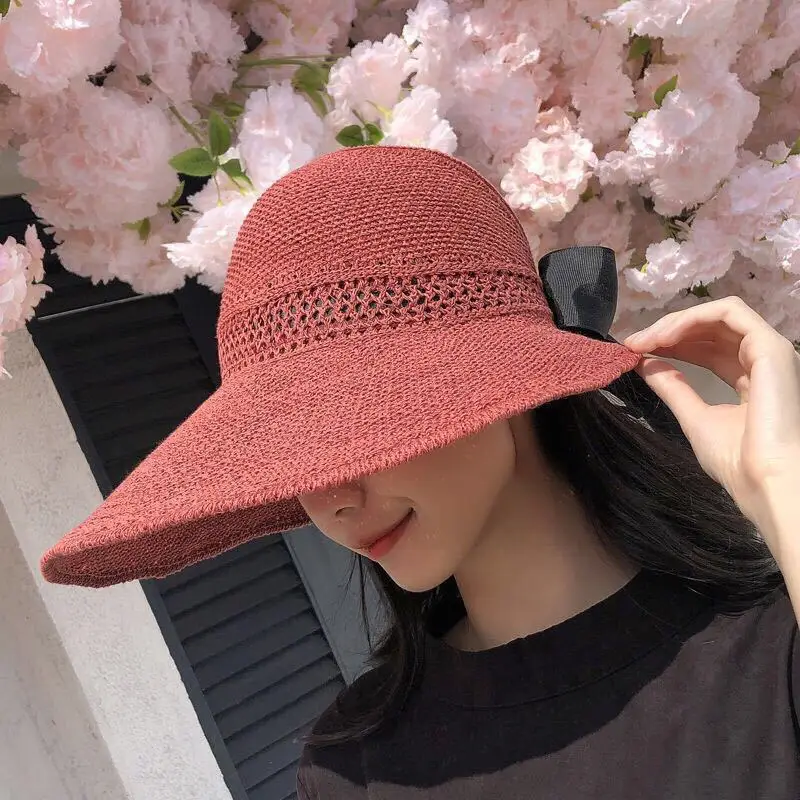 

2021 New Summer Bow Sun Hats Empty Top Hat Women UV Protction Caps Cutout Beach Hat Women Sun Cap Ribbon Knit Raffia Hat Sun Hat