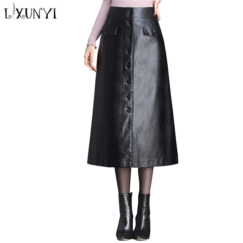 LXUNYI, M-4XL, женская кожаная юбка, черная, осенняя, размера плюс, высокая талия, ПУ, юбка, офисная, для девушек, трапециевидная, до середины икры, юбки, элегантные