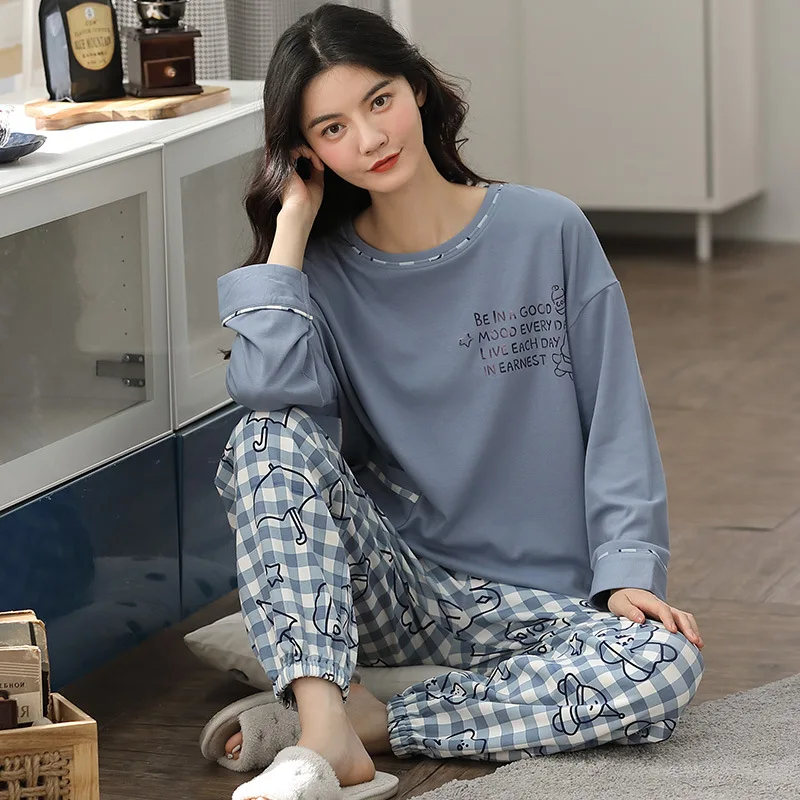 

2020 Autumn Winter Pajamas for Women Korean Style Printing Nightwear Female o Neck Long Sleeve Loose Cotton Plus Size Sleepwear