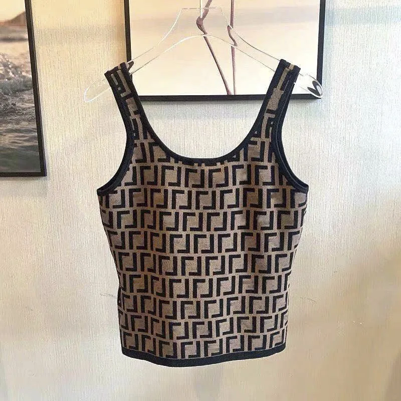 

2021 Summer knit Vest top new style retro double-f letter Sling U neck pullover stretch short sleeved sweater