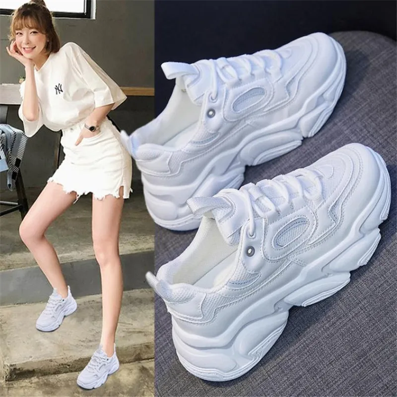 

Casual Women Sneakers High Heels Platform Sports Shoes 2021 Autumn Thick Bottom Walking Shoes Breathable White Vulcanized Shoes