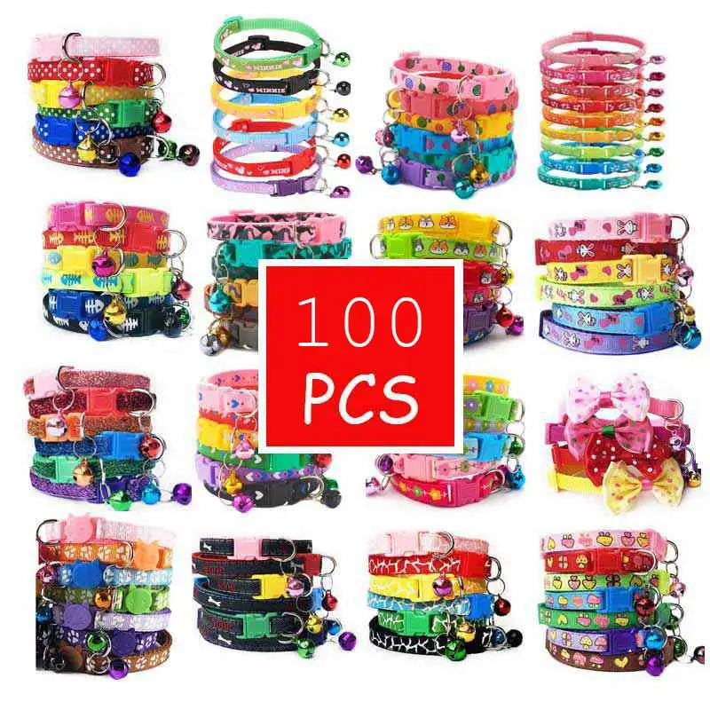 

Wholesale 100 Pcs With Bell Collars Kitten Collar Neck Strap Quick Release Adjustable Cat Necklace Paw Print Positioning Pet