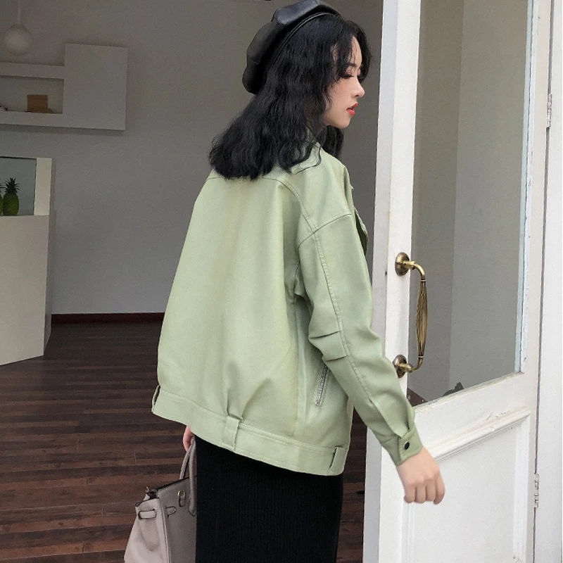

ZCWXM Autumn Faux Soft Leather Pu Jacket Women Loose Moto Biker Coat Female Punk Turndown Collar Rivet Zipper Street Overcoat