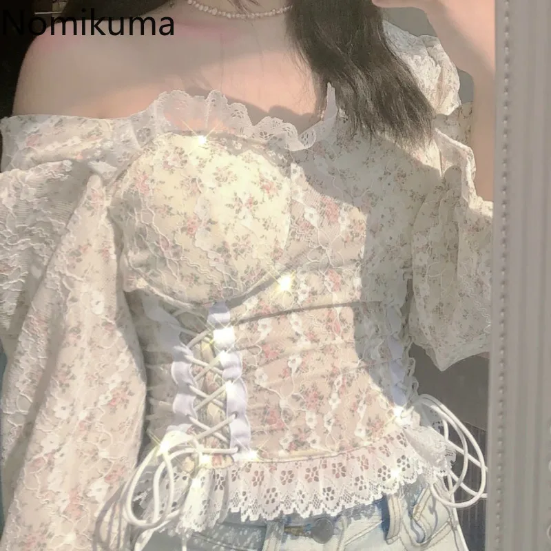 

Блузка женская кружевная с цветочным принтом и длинным рукавом, 075