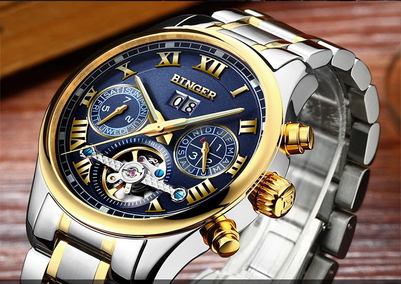 Швейцарские Бингер мужские часы люксовый бренд Tourbillon сапфир светящиеся несколько функций механические наручные часы B8602-7