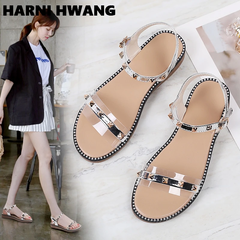

2021 Summer New Product Recommendation Youth Flat Transparent Breathable Leisurely PVC Female Sandals Rubber Slippers Size 35-40