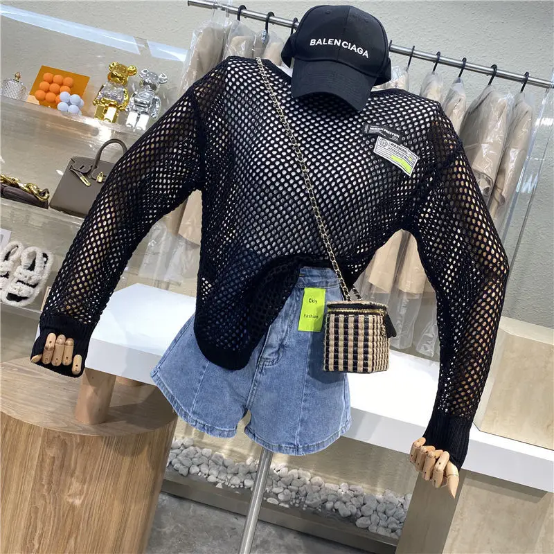 

fashion women's see through hollow out Pullover summer autumn women's long sleeve o-neck loose green thin Knitted Top 2021 blusa