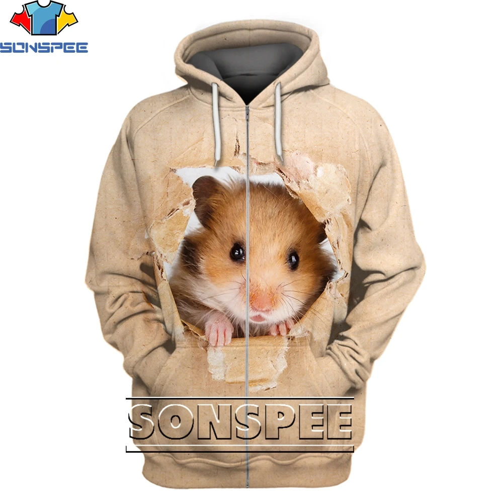 

SONSPEE 3D Pet Squirrel Fashion Casual Loose Round Neck Zipper Hoodie Men and Women Popular Cute Trend Personality Harajuku