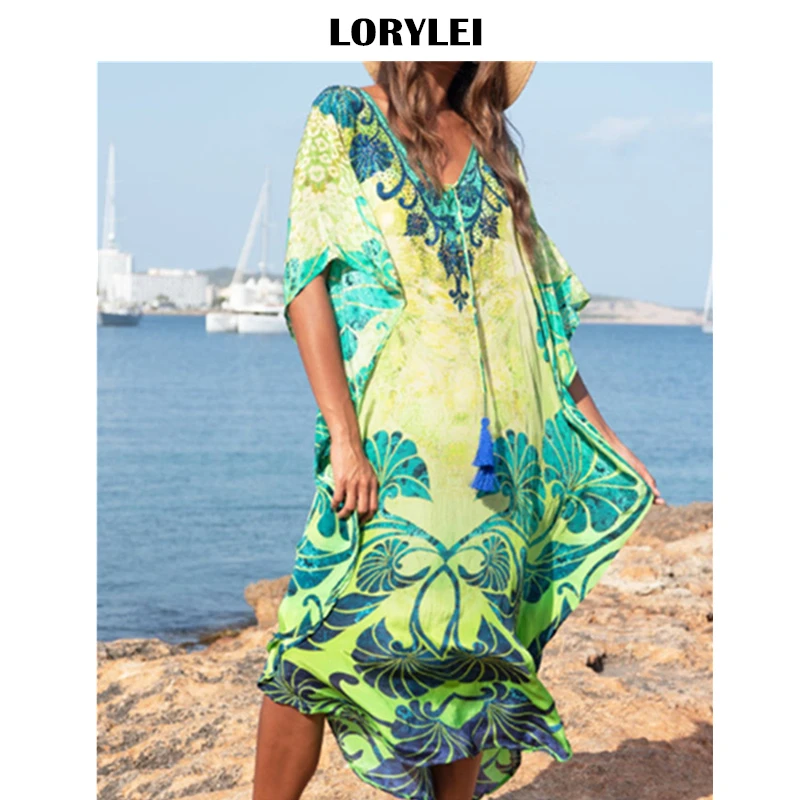 Пляжное платье с треугольным вырезом зеленое принтом в виде бохо хлопковое