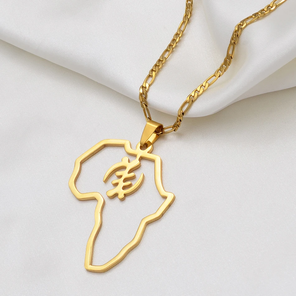 Anniyo African Map &amp Cultural Symbol Pendant Necklaces Women Men Gold Color Adinkra Gye Nyame Africa Ethnic Jewelry #129721 | Украшения