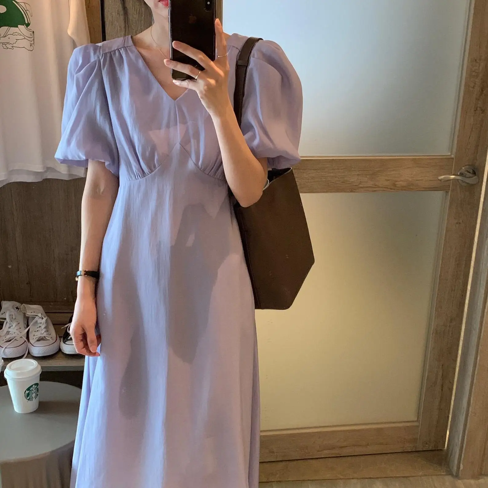 

VICONE/летнее платье; Фиолетовое свободное платье средней длины с пышными рукавами; Повседневная женская одежда; Vestido