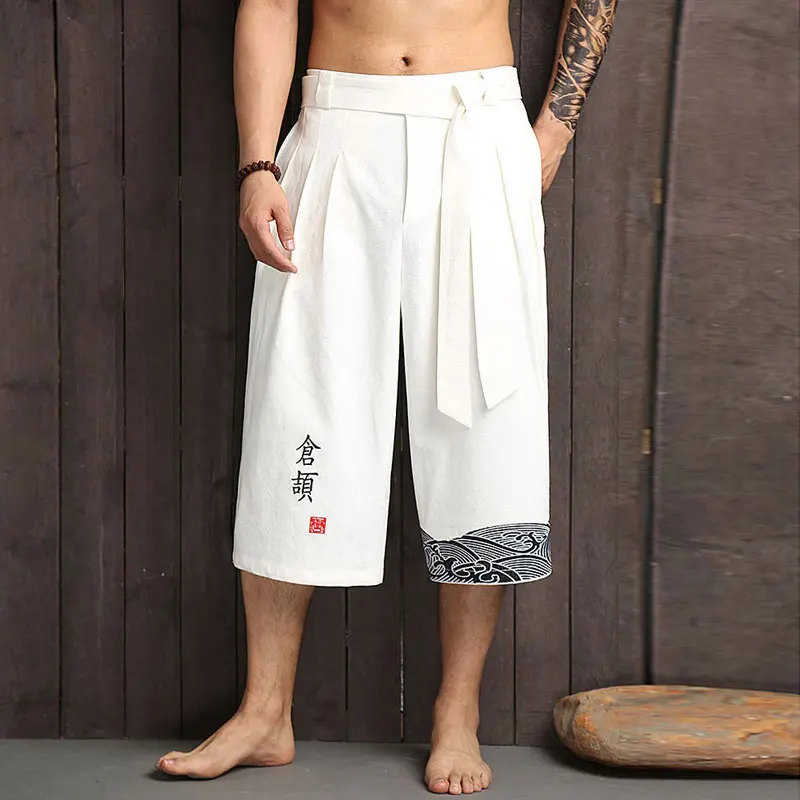 

Chinese Style Cotton Linen Harem Jogger Pants Men Calf-length Summer Men Sweatpants Casual Wide Leg Trousers Men