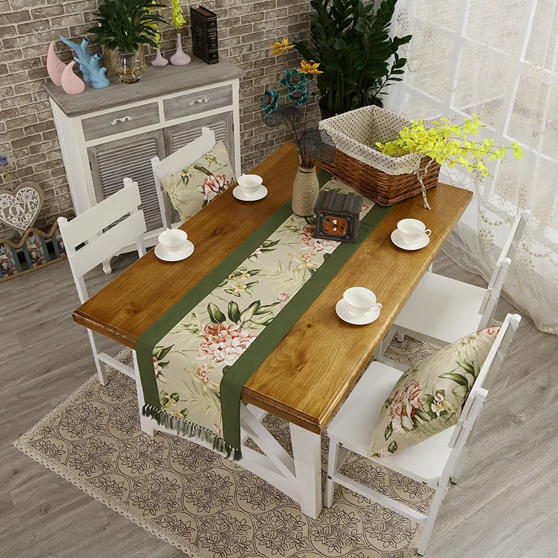 

Floral tassel table runner American country cotton and linen tablecloth square cloth TV cabinet dust cloth