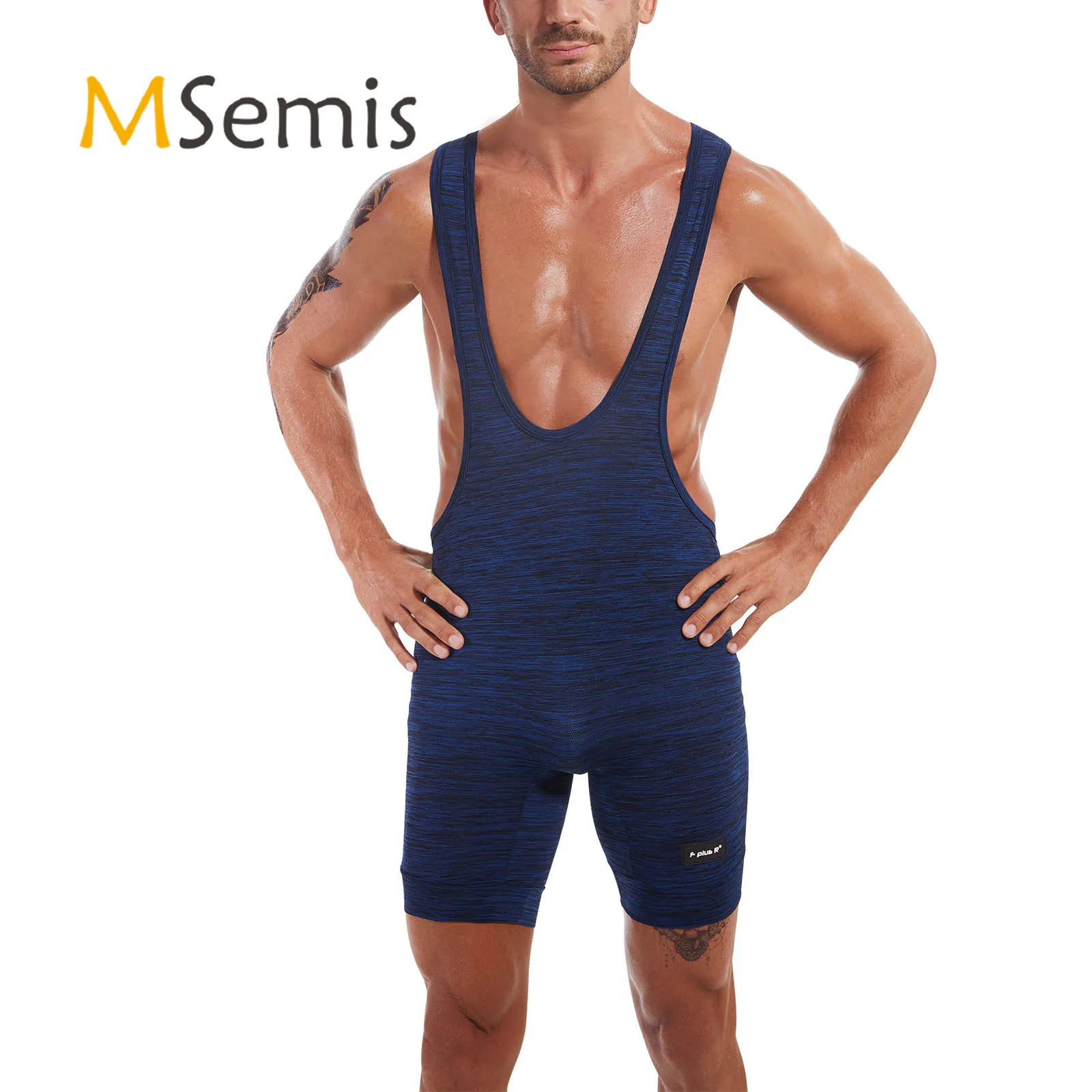 

Mens Wrestling Gym Bodysuit Deep U Neck Sleeveless Racer Back High Waist Short Sport Bodysuit for Wrestling Fitness Running