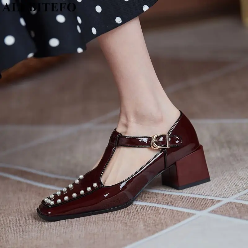 

ALLBITEFO Fashion rivets genuine leather square toe thick heels party women shoes brand high heels shoes women heels shoes