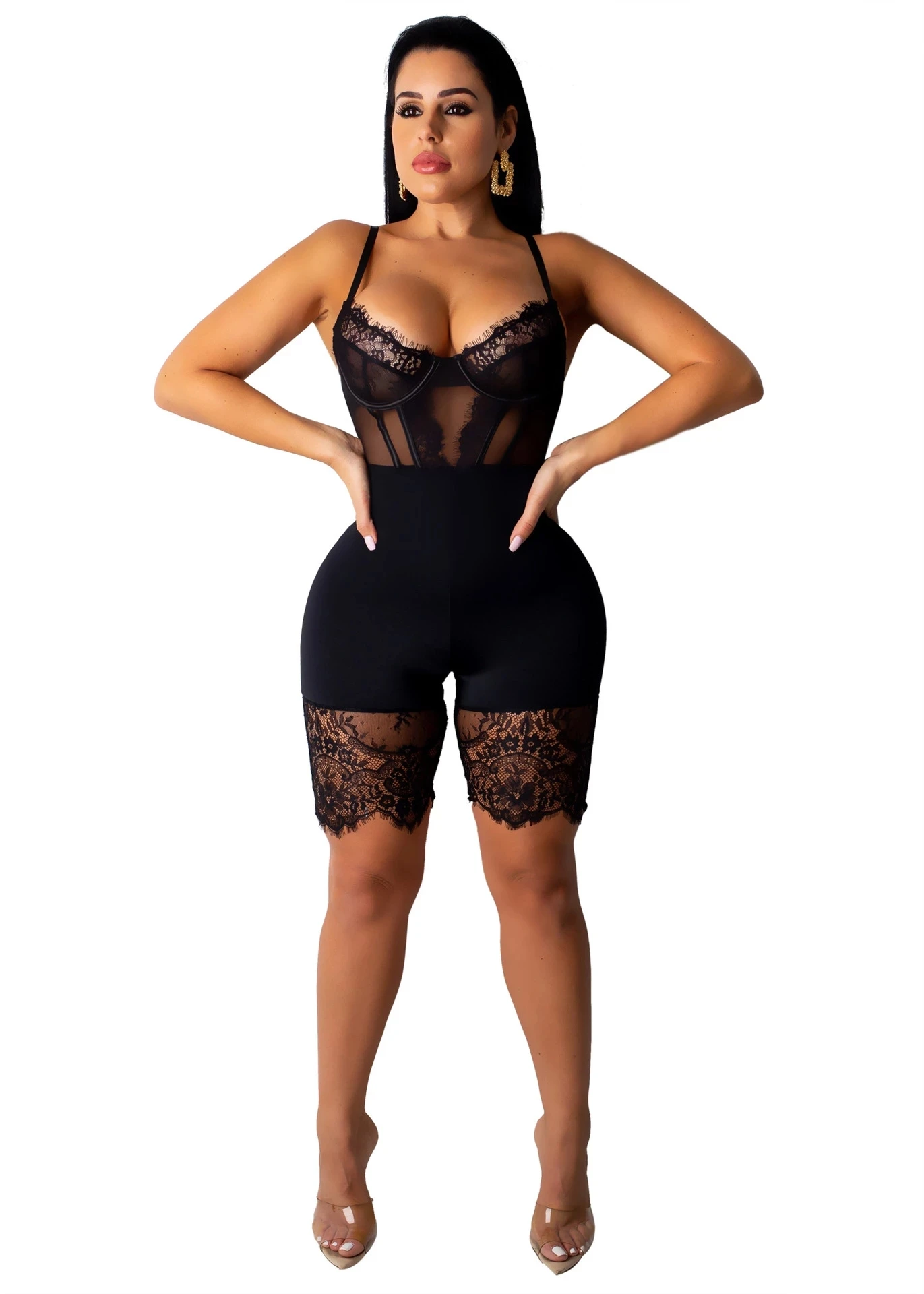 

Solid Color One Piece Women's Clothing Custom Sexy Sleeveless Sling Fashion Lace Personality Hollow See Through Net Jumpsuit