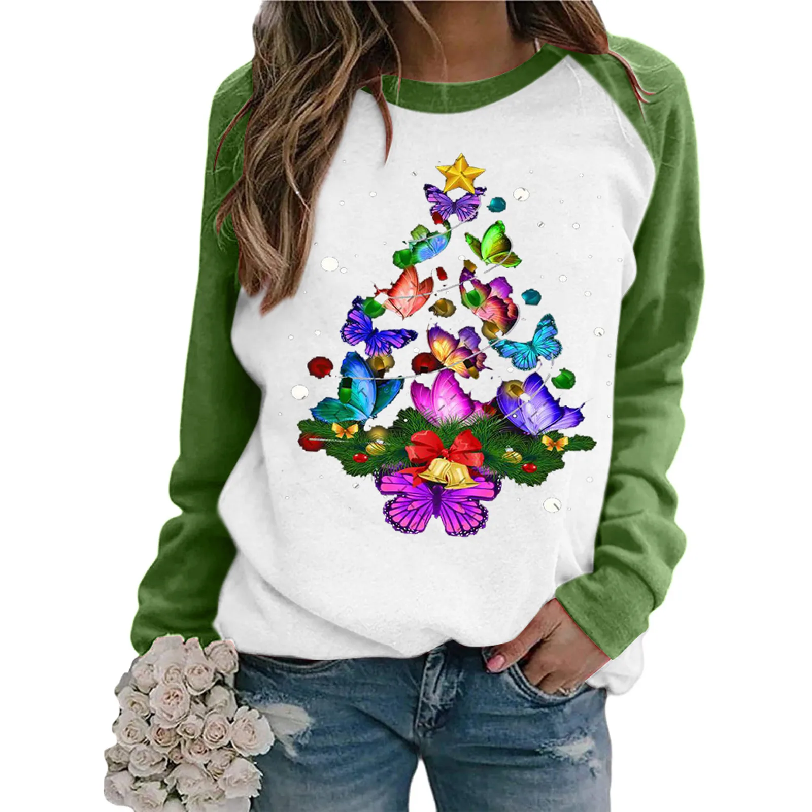

Модные рождественские топы, свитшот с длинным рукавом реглан Рождественская бабочка, пуловер, топ, Harajuku, весенний свитшот, moletom
