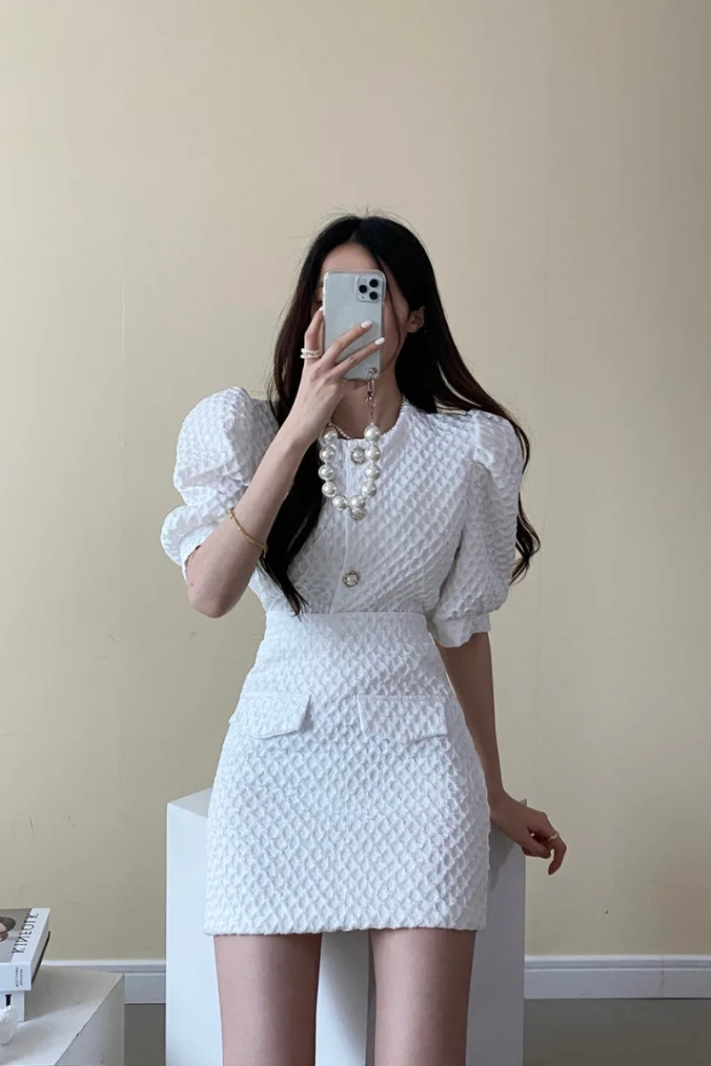 

Niche summer temperament loose all-match blouse high waist small fragrance suit skirt short skirt