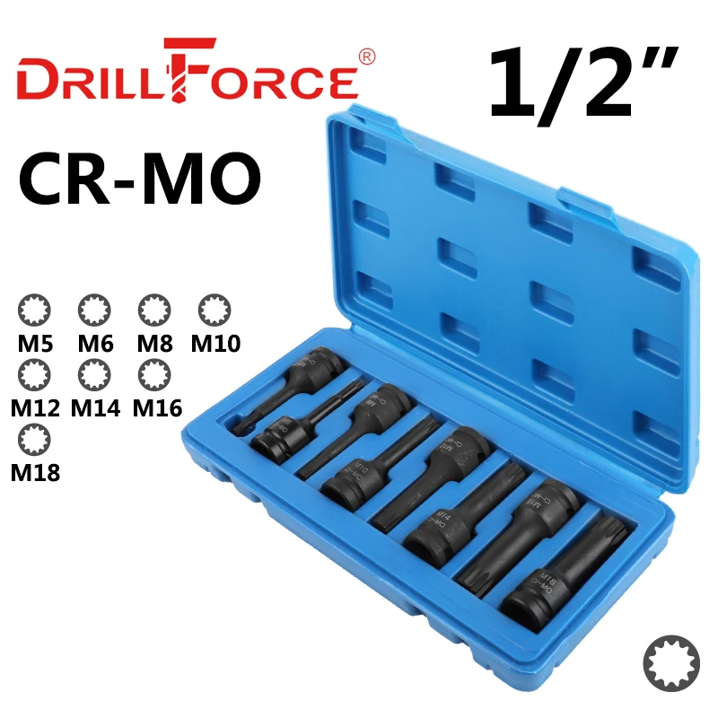 Drillforce 8PCS 1/2" Drive Spline Socket Bits Set M5-M18 Wrench Pneumatic Impact Adapter Tools M5/M6/M8/M10/M12/M14/M16/M18